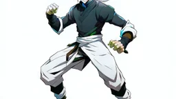 Satoru Gojo is a young guy white hair blue eyes black turtleneck without arms white loose pants in a defensive pose