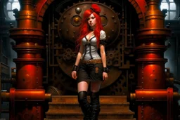 full body and headshot of a skinny young woman, with long straight red hair, standing in a steampunk setting, Frank Franzetta