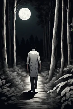 Rajesh walking through the dark forest: "A man walking alone on a narrow forest path at night, surrounded by dense trees and complete darkness. The moonlight faintly shines through the branches, and there's an eerie silence in the atmosphere. The man looks nervous and cautious as he moves forward."