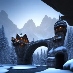 fort under a natural stone bridge overhang, snowy mountains