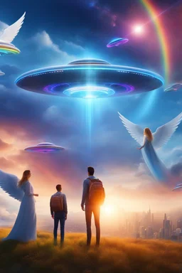 ufo rainbow, cité très futuriste ultra moderne, ufos fleet, intergalactic,angels, dans les montagnes