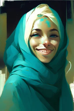 A painting of a smiling beautiful Urdu moslem woman with long dark blue and light green hijab, 22 years old, beautiful big, symmetrical eyes, blond hair, painterly style, detailed, 8k, by Ashley Wood. –ar 2:3 –stop 80 –uplight