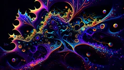 colorful mandelbrot patterns in the shape of a hypercar, intricate vines with metallic prisms in space. nebula style