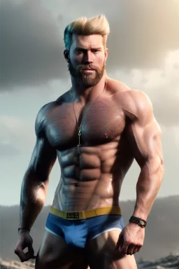 Ignore NSFW, teenager young rugged attractive slightly muscular fantasticly handsome blonde man, red briefs with yellow belt, hairy chest, (((visibly pisssing))) briefs, large erect visible boner peniss, photorealistic, artist Jay Anacleto, soft lighting, scruffy beard