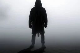 no back ground, The shadow of a hooded fallen man can be seen in the fog