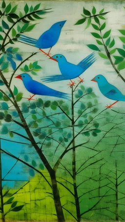 Cerulean treetops with birds painted by Paul Klee