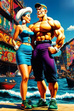 Popeye y su novia flaca Oliva, arte estilo pop, calidad ultra, hiperdetallado, 64k, full body