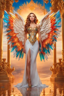 Gorgeous photography full body Beautiful super model Russian woman dressing Lady Angel colorful art conceptual, amazing artwork, hyper detailed, ultra maximalist quality, 12k , close-up portrait,crystal ornaments background, golden hour