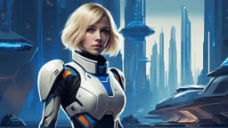 A full-body photograph of a young, slender woman with blond shoulder-length bob hair in a blue jumpsuit, standing in a futuristic cityscape with advanced spacecraft behind them, with a huge android in a huge metal exosuit with a helmet standing guard beside her.