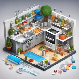 a Detailed Model of diagrams and instructions for creating digital houses. A detailed isometric digital illustration. The central focus is a miniature, intricately detailed Miniature kitchen, include: Electric mixer, blender, food processor, slotted spoon and chef's knife, measuring cups, spatula, whisk, ladle, can opener, vegetable peeler, food pills and a flour, sugar, salt, spices, dried herbs, bouillon cubes, pots, pans, plates, bowls, and utensils, trussing poultry or tying bundles of herb