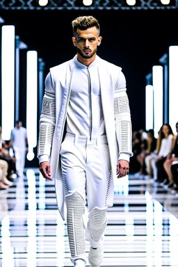 A guy on a fashion runway with Kryptonian design clothes white tones