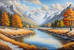 Beautiful realistic scene vibrant colours, with a wide flowing river flowing from right to left, fields on both sides of the river, autumn trees in all the range of autumn colours, some deer, correct anatomy, beside the river, mountains with snow across the top in the background, blue sky with just a touch of cloud,realistic, professional award winning oil on canvas,