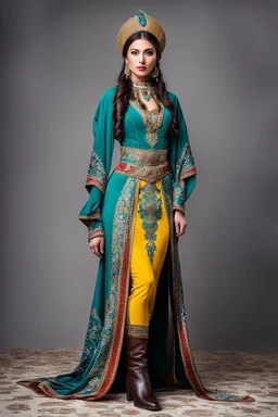 full body ,very beautiful lady in Azerbaijani costume standing with long boots