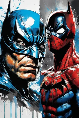 Poster in two gradations, split in half, one side "spiderman", other side "batman", midline of the face, painting by Yoji Shinkawa, solid and splash colours detailed iridescent, metallic, translucent, dramatic lighting, hyper futuristic, digital art,