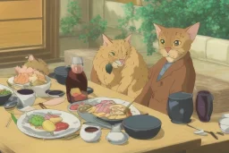 Two cats Siting at a table. Eating Sushi