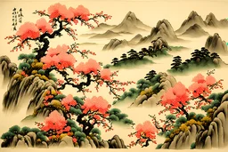 Chinese painting, a hillside full of gorgeous wild mountain flowers. In the picture, red, pink, yellow, and white (peony flowers) are intertwined in the green mountains and forests, exuding fragrance and vitality. The petals of plum blossoms are soft and delicate, as if to show people their beauty. Around the plum blossoms, some trees and grass are gently outlined to create a fresh and comfortable atmosphere. The whole picture is full of life and vitality, making people feel the magic of nature.