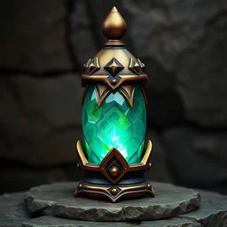 dwarven-style lamp like gem or stone, concept realistic abstract, metal stone and brass