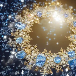 16K resolution sharp concept art with a light shiny golden circle in its center which is surrounded by a lot of very tiny epic fantasy blue ice flowers and a lot of very tiny snowflakes, majestic, intricate, masterpiece, insanely detailed, cinematic smooth, intricate details , iridescent accents