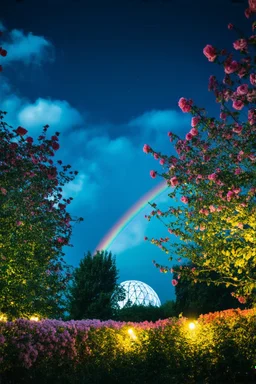 nighttime, rainbow dome among rose trees, forest, trees, flowers, fairy lights, night, 8k, high quality, trending art , sharp focus, studio photo, intricate details, Bosch painting style highly detailed, clouds and fog