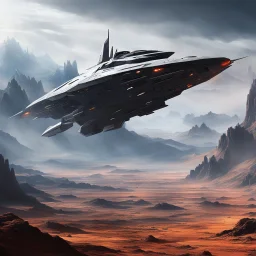 this starship, in addition to its imposing presence, is equipped with automated heavy weapons. These weapons, sleek and lethal, are ready to unleash havoc at a moment's notice. They add a sense of impending conflict and heighten the tension in this desolate landscape. As I envision this scene, the jagged mountains rise in the distance, their peaks scraping a sky filled with swirling, alien clouds. There's no sign of life, just an unsettling emptiness that stretches out in all directions. The ove