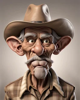 hyper-realistic 3D caricature of an old weathered cowboy with highly exaggerated features. Deeply wrinkled skin, oversized ears, and a long, bulbous nose. Large, expressive wide eyes with intense detail. A thick, wispy white handlebar mustache and long goatee. Wearing a dusty tan wide-brimmed cowboy hat, a brown checkered shirt, and a worn leather vest. Soft studio lighting, neutral beige background, cinematic render, 8k resolution, intricate textures, Pixar-meets-Norman-Rockwell style. Modifier