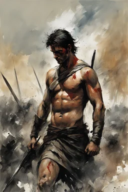 Alex Maleev, unused cover illustration, 2005: [greek god model in flesh] A man resembling the Wounded Gallic Warrior emerges from a battlefield, bearing the marks of war on his body. His face reflects agony and weariness, a testament to the human cost of conflict. With one arm raised in surrender, the other clenching a weapon, he embodies vulnerability and resilience. His eyes reveal sorrow and the toll war has taken on his soul. Amidst the devastation, he carries the weight of countless sacrifi