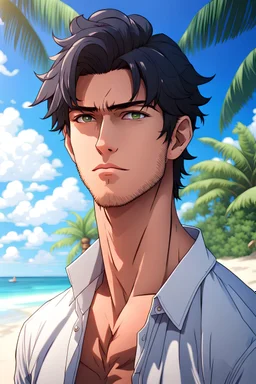 The handsome and perfect portrait is on the tropical island, anime, a full casual male character on the beach for the magazine, 8K resolution, high quality, ultra graphics, and detailed with lines.