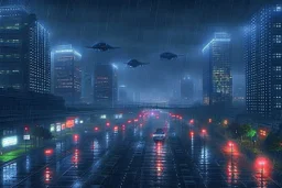 A city that's at night and it's raining and it's foggy and it's flying cars and it's in the future.