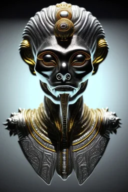 Silver alien, head, wicked, black eyes, blood, 8k, finely detailed, photo realistic, Anunnaki black male African Egyptian alien, cracks in the voodoo head, wicked, eyes, crown, Elephant, 8k, finely detailed, photo realistic, tiger turquoise skull head gold dragon space alien snow skeleton gold olmec silver crown silver eyes