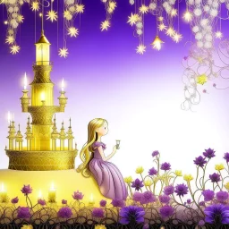 temática de la princesa rapunzel fondo blanco y morado , luces flotantes ,flor mágica , sol castillo guirnaldas doradas estrellas