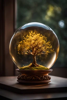 a tree of life inside of a glass-sphere, the tree has decayed from lack of nutrients, goldish light inside the glass-sphere, gold glass-sphere, intricate detailes, micro gold aura, Cinematic lighting, Volumetric lighting, Epic composition, Photorealism, Bokeh blur, Very high detail, Sony Alpha α7, ISO1900, Character design, Unreal Engine, Octane render, HDR, Subsurface scattering