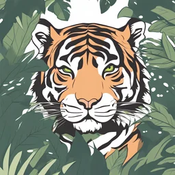 jungle-theme, 2d vector illustration, ((kawaii style)), simple and minimalist design, (solid white background), side view from high angle, Tiger, line art, ((crisp black outlines)). Full color