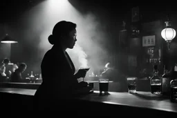 black and white picture of elegant Theresa Hak Kyung Cha, a solitary figure in the shadows and the fumes of the jazz bar, the scene unfolds before you like a carefully crafted tableau. The air is thick with the mingling scents of tobacco and aged whiskey, accompanied by the rhythmic clinking of glasses and the soft murmur of conversation. The dim lighting casts long shadows across the room, lending an air of mystery to the space.