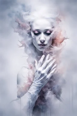 white smoke artistically takes the form of gloves by Ryohei Hase, Agnes Cecile, Raymond Swanland, Anne Bachelier, pastel smoky texture in hues of tranquility, an embodiment of minimalism with a stroke of simplicity, evoking serenity against a backdrop, black shimmering, fantasy art, backlit