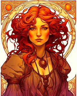 Tile hair, flaming lips, eyes seeking eternity, leader of the witch community, coppery tresses tumbled about her face, tremendous facial anatomy, meaningful beautiful brown eyes, wavy purplish hair, one third rule, trending on top of Art station, by Alphonse Mucha"