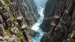 In a fantasy world, a deep gorge with vertical stone sides has a tumultuous river flowing at the bottom. At ground level, above the gorge, a rope bridge has been constructed to span across the gorge. The scenery is awe-inspiring. Colour photograph