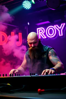 An "angry DJ" performing at dance club, his name is "Roy" Very hard looking with bald and beard, Death metal on stage, Neon lights and smog, "DJ ROY" big sign on the wall