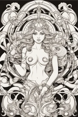 The Zodiac Sign of Libra intertwined with Venus accents, illustrated in black and white with distinct, bold lines, suitable for an adult coloring book, contour, vector, clean line art, isolated on a white canvas