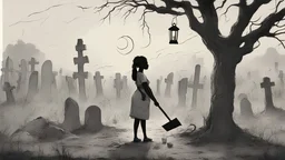 A pregnant African woman with a huge shovel digging a hole in the cemetry at night. There is a lantern hanging on a spooky tree beside her