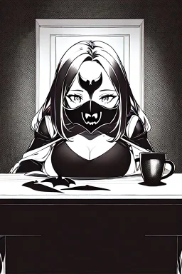 girl with demon mask in big bedroom sit on a table with many objects, grayscale