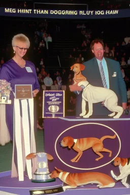 1990 dog show the winner is a half human rabbit combined animal, realistic (film Color Mission 200::10) photo from old disposable camera , grainy photo