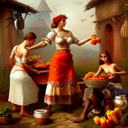 woman giving a jar of peppers to gypsies