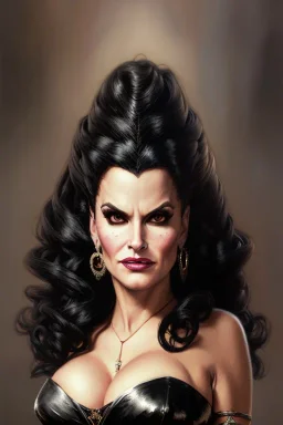 painting of lisa ann as evil queen in black leather gown, feminie, angry, stern look on her face, volouptous, busty, cleavage, emperious, mature, highly detailed, digital painting, artstation, concept art, smooth, sharp focus, illustration, art by gaston bussiere and alphonse mucha