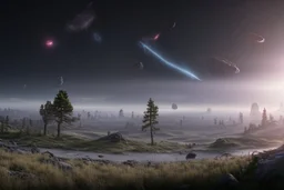 Epic space landscape with meteors in the horizon, trees, distant spaceships, and rocks foreground, 4k