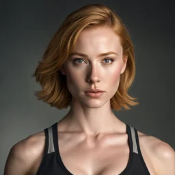 young woman molly quinn, muscular sweat, movie still, attractive perfect face, supermodel body, blondephoto, rule of thirds, deborah ann woll dramatic lighting, short hair, detailed face, detailed nose, woman wearing tank top, smirk, realism, realistic, raw, analog, woman, portrait, photorealistic, analog, realism