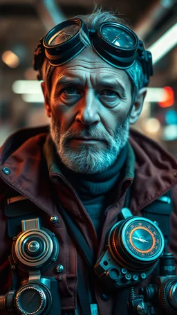 photo real of an Eurasian middle age man in a cyberpunk style, his wearing enforced with appealing sophisticated intricate gadgets for repairing aircraft engines; inspired by the city of mechanics science fiction thriller, exocentric background, firm and clever, enigmatic mood, photography hyperdetailed realism realistic soft lights, photo shot on V-Raptor XL RED wide lens camera, photo real, upscaled, enchanting and charismatic elements on his face.