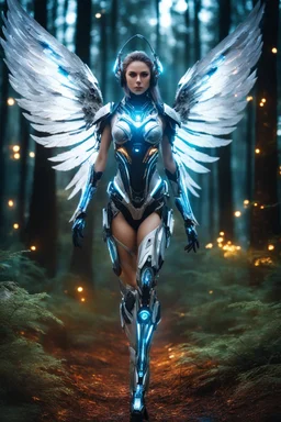 Front View night photography Beautiful Angel woman cyborg cybernetic, warframe armor in Magical Forest full of lights colors, Photography Art Photoshoot Art Cinematic Soft Blur Colors - on Running Dramatic Pose