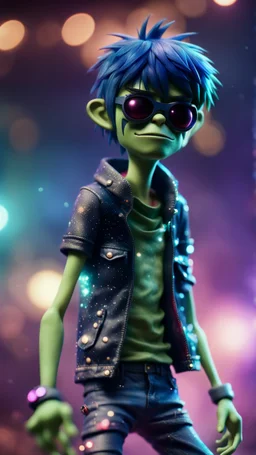 full figure portrait of Murdoc from Gorillaz looking flying through space glittering dust with arms folded on stage,bokeh like f/0.8, tilt-shift lens 8k, high detail, smooth render, down-light, unreal engine, prize winning