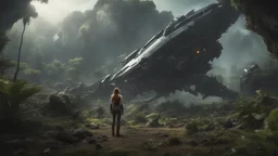 Wide-angle, woman with straight hair, dressed like a robot, with equipment in her hands, next to a crashed spaceship, in a clearing on an alien jungle world