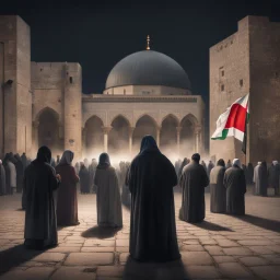 Hyper Realistic people praying outside Al-Aqsa mosque at night with Palestine Flag